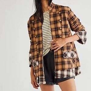 We The Free People Taylor Multi Plaid Flannel Grunge Military  Jacket Blazer